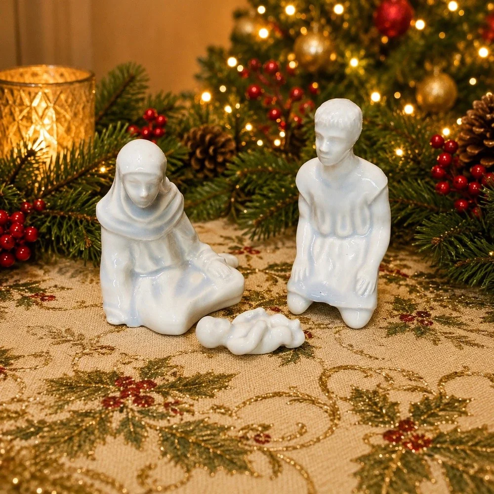 Porcelain Nativity Set of 13 Glossy Christmas Figurines Vintage Handmade Marked